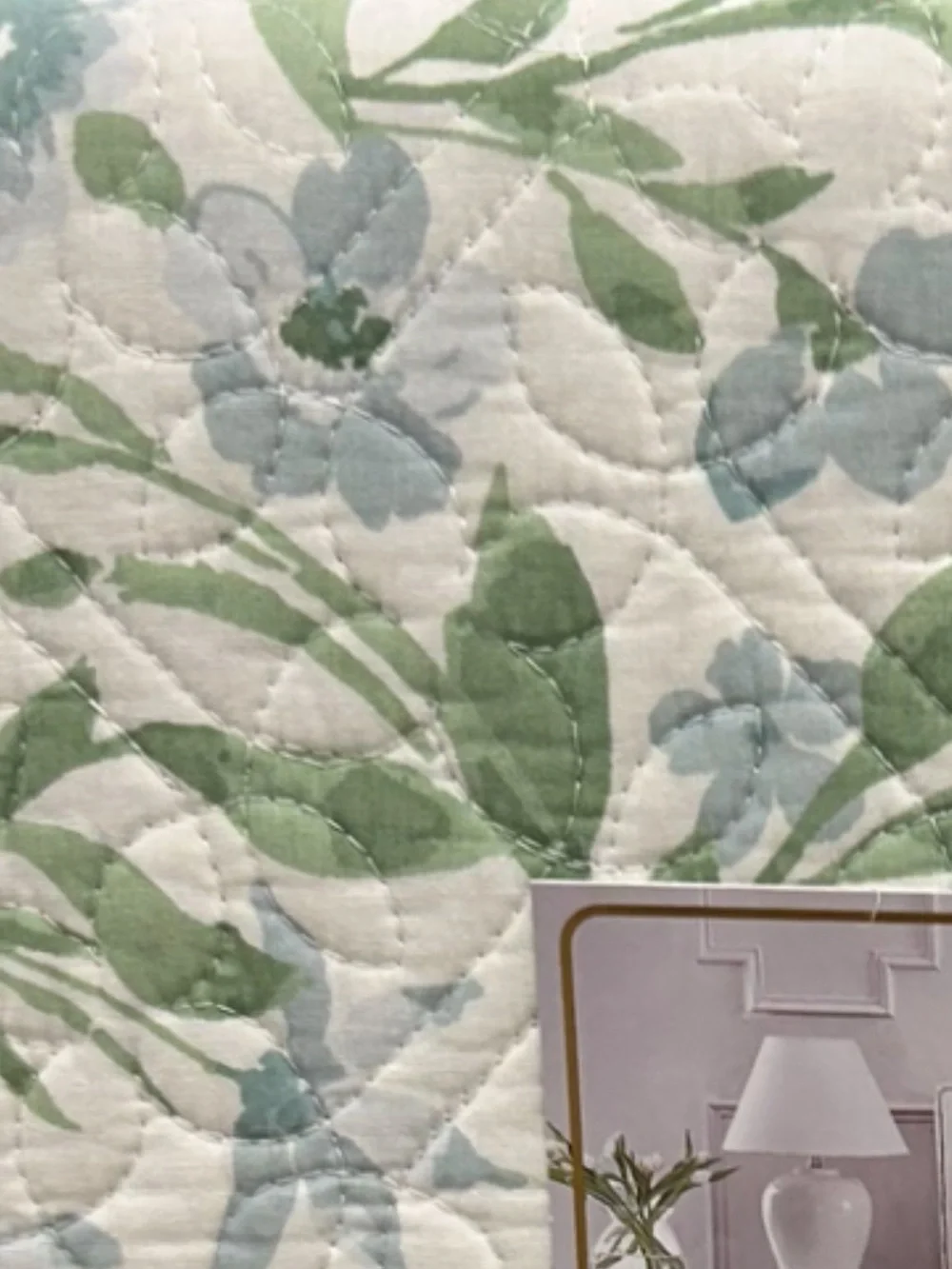 Papyrus Green, White and Blue Cotton Full/Queen Floral Quilt 90”x90”